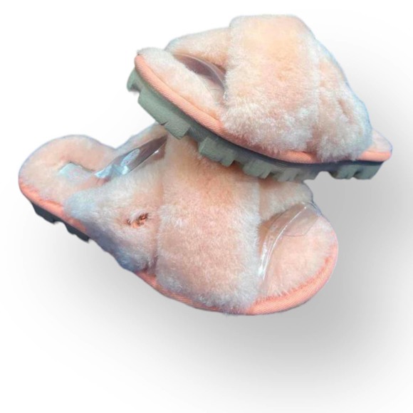 UGG Fuzzette Beverly Pink Criss Cross Strap Fur NIB Slippers Size 5 - Picture 6 of 12